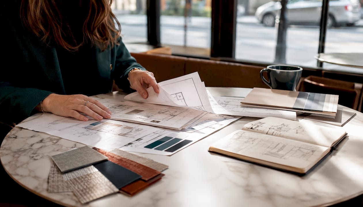 Designer hands sorting execution drawings and schedules