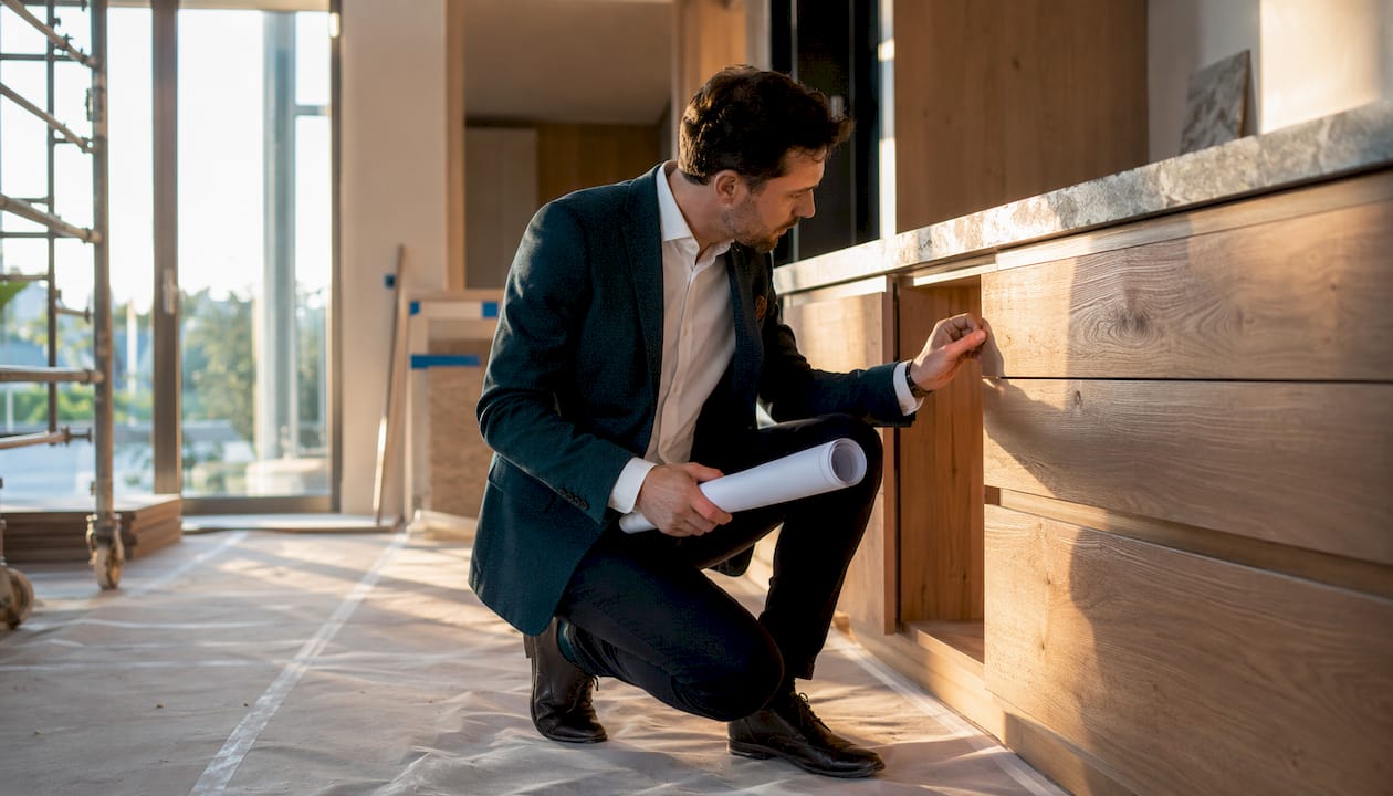 Interior designer inspecting kitchen installation on site
