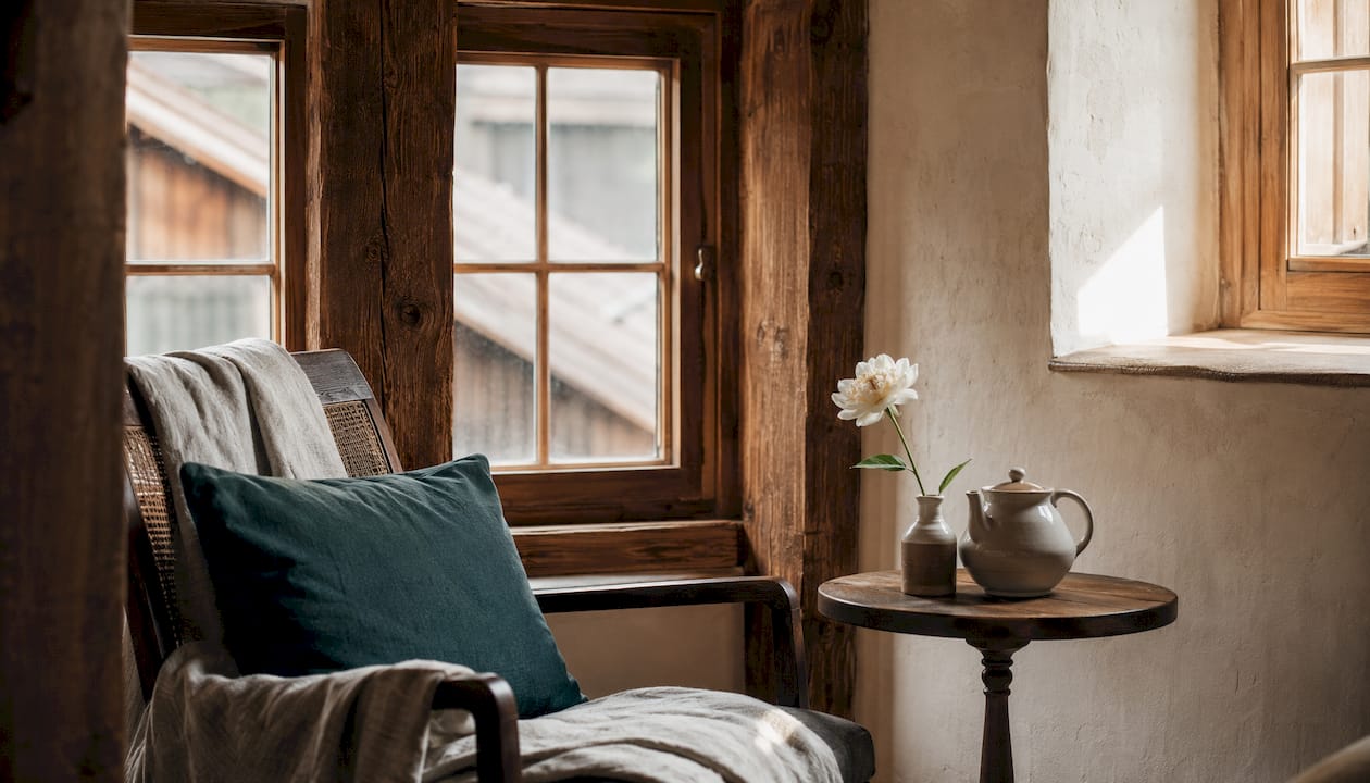 Traditional Swiss farmhouse dining with timber beams