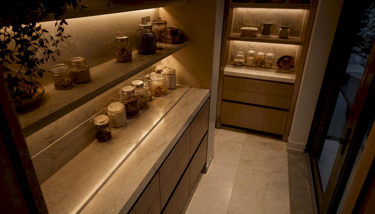 Layered lighting in walk-in pantry interior