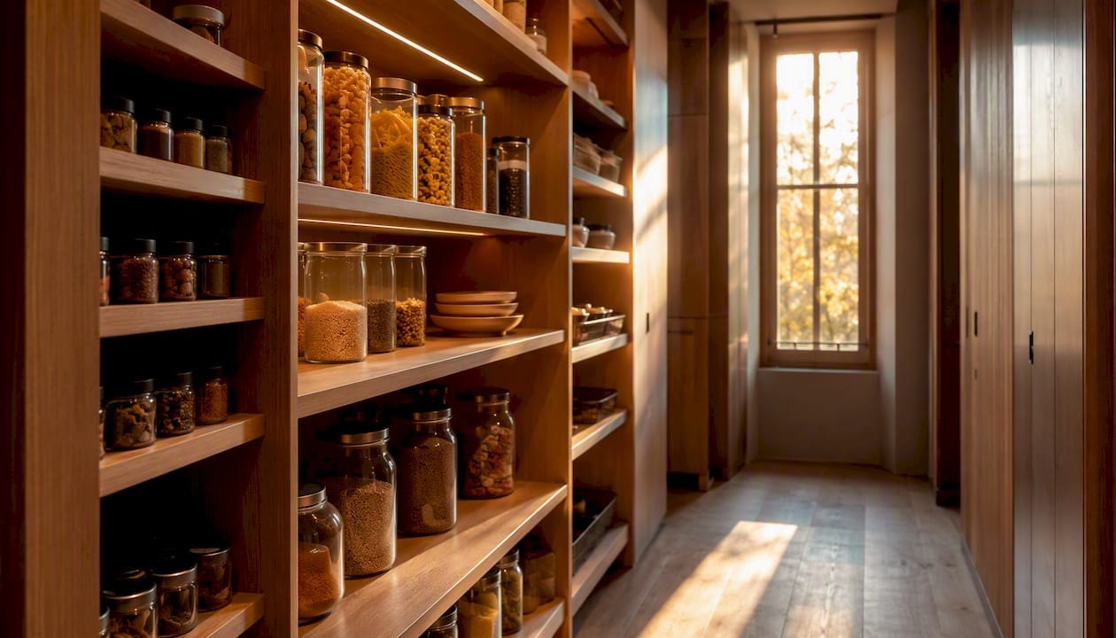Pantry shelving depth variety with natural light