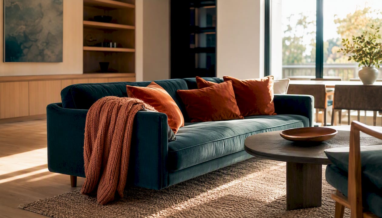 Textiles and color accents in warm modern room