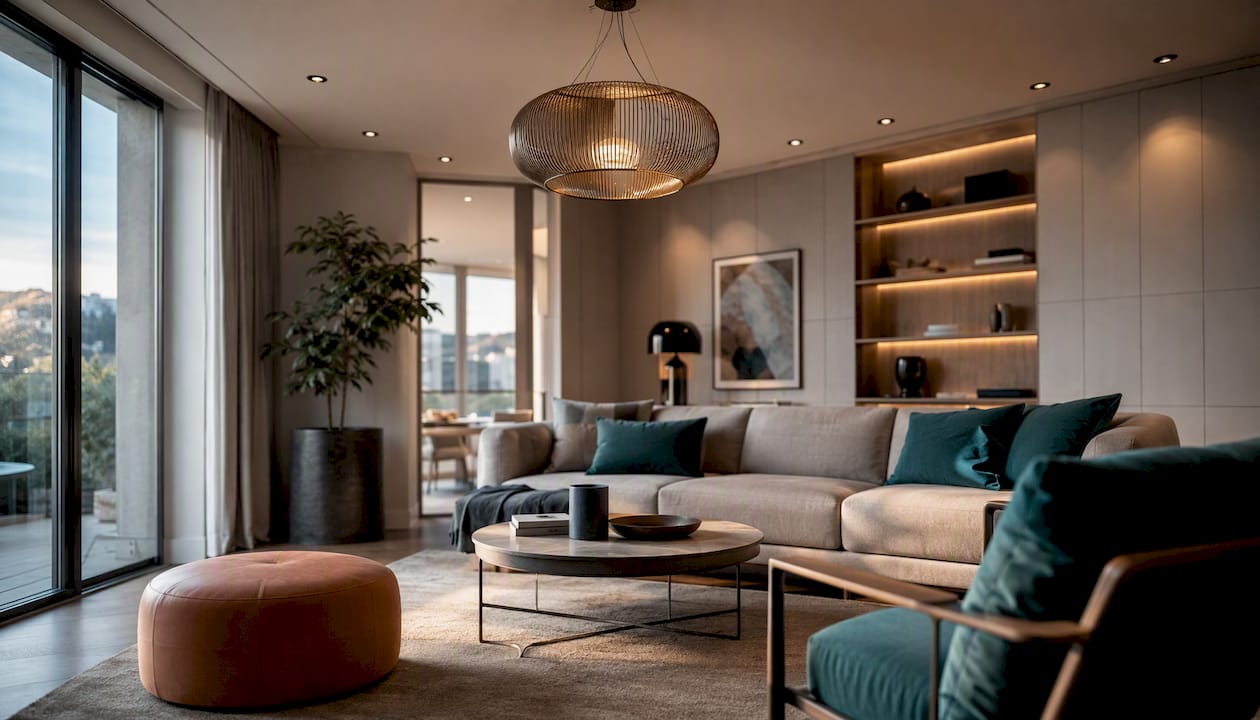 Layered family room lighting with pendant and recessed