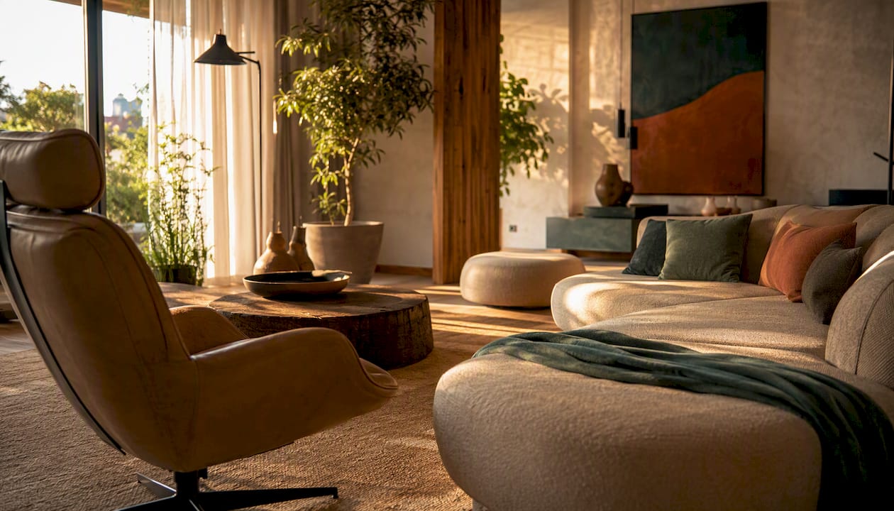 Biophilic luxury interior with natural textures