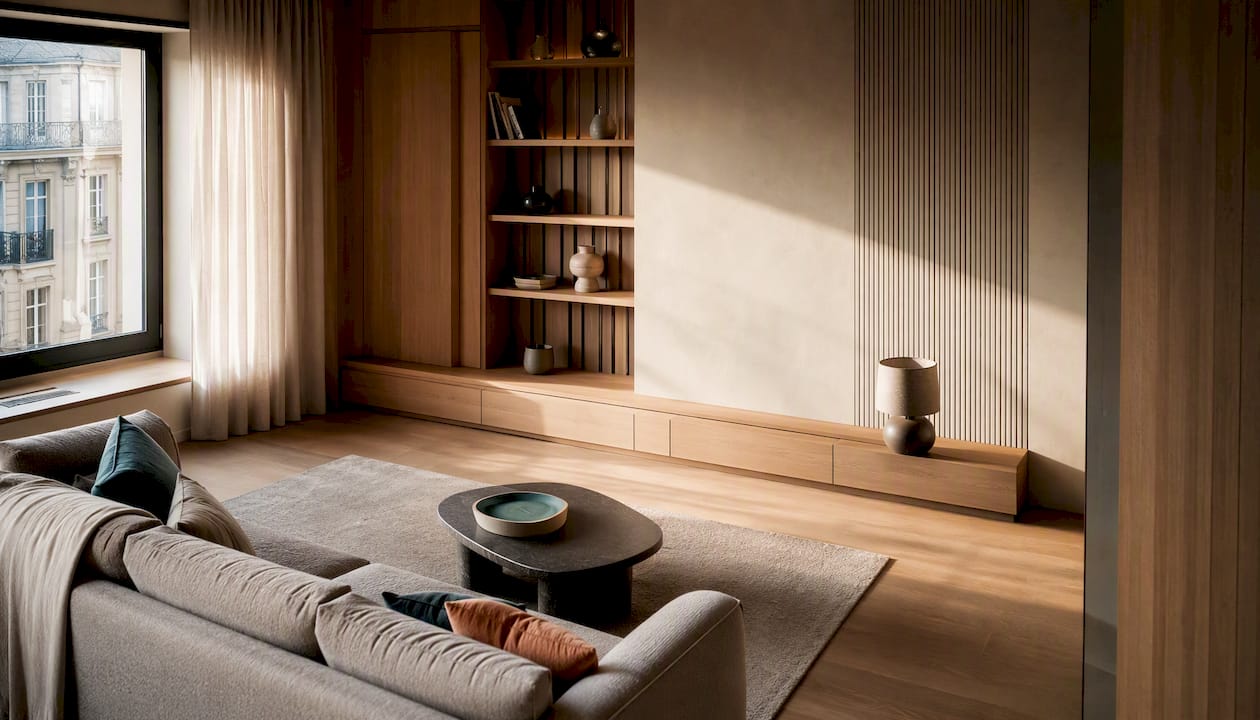 Warm plaster and oak interior close-up