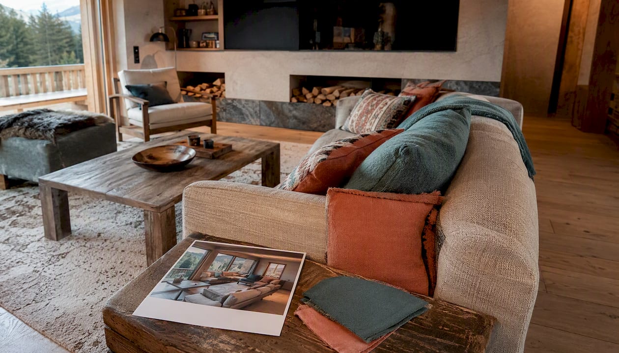 Alpine chalet living room with wood and plaster details