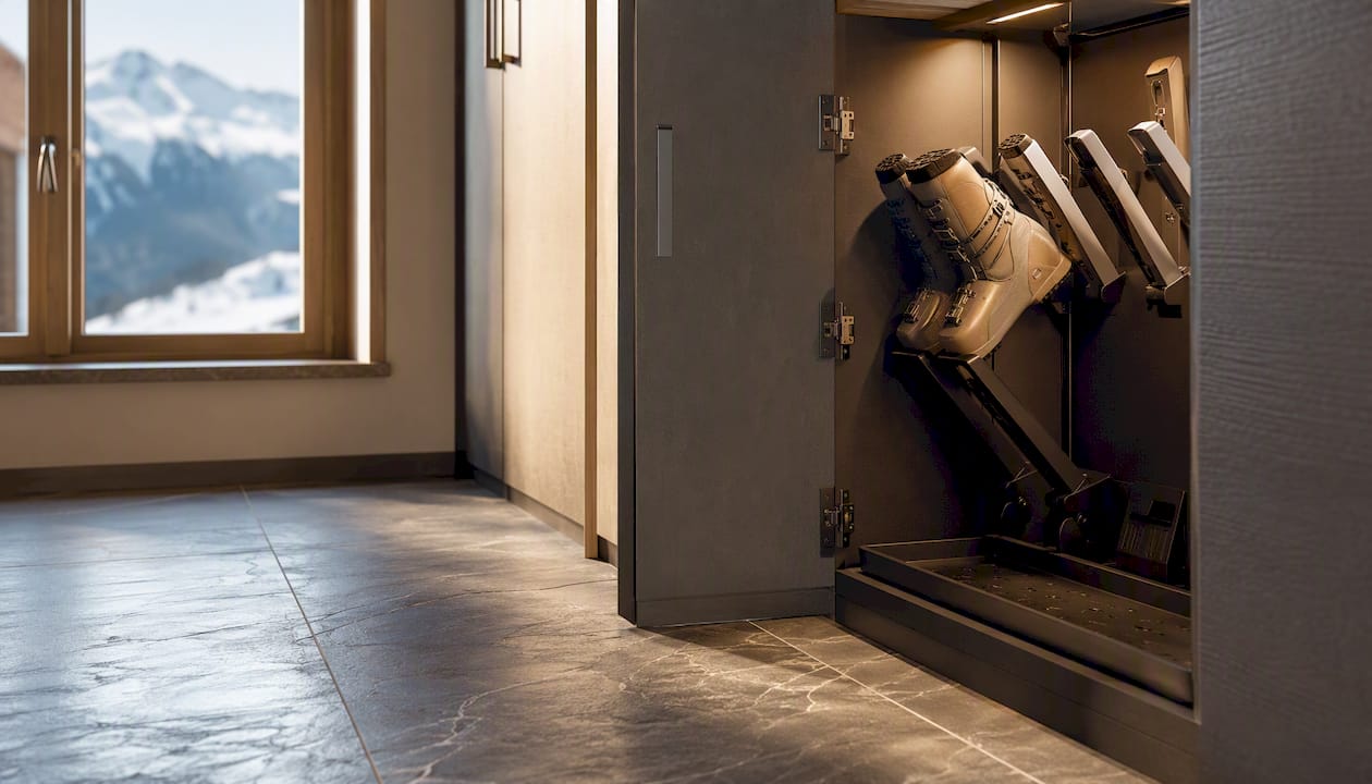 Heated stone floor and boot drying cabinet detail