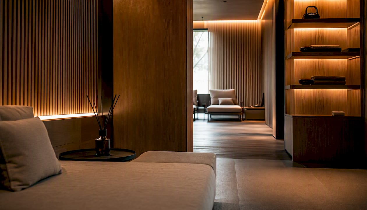 Spa relaxation lounge with layered lighting