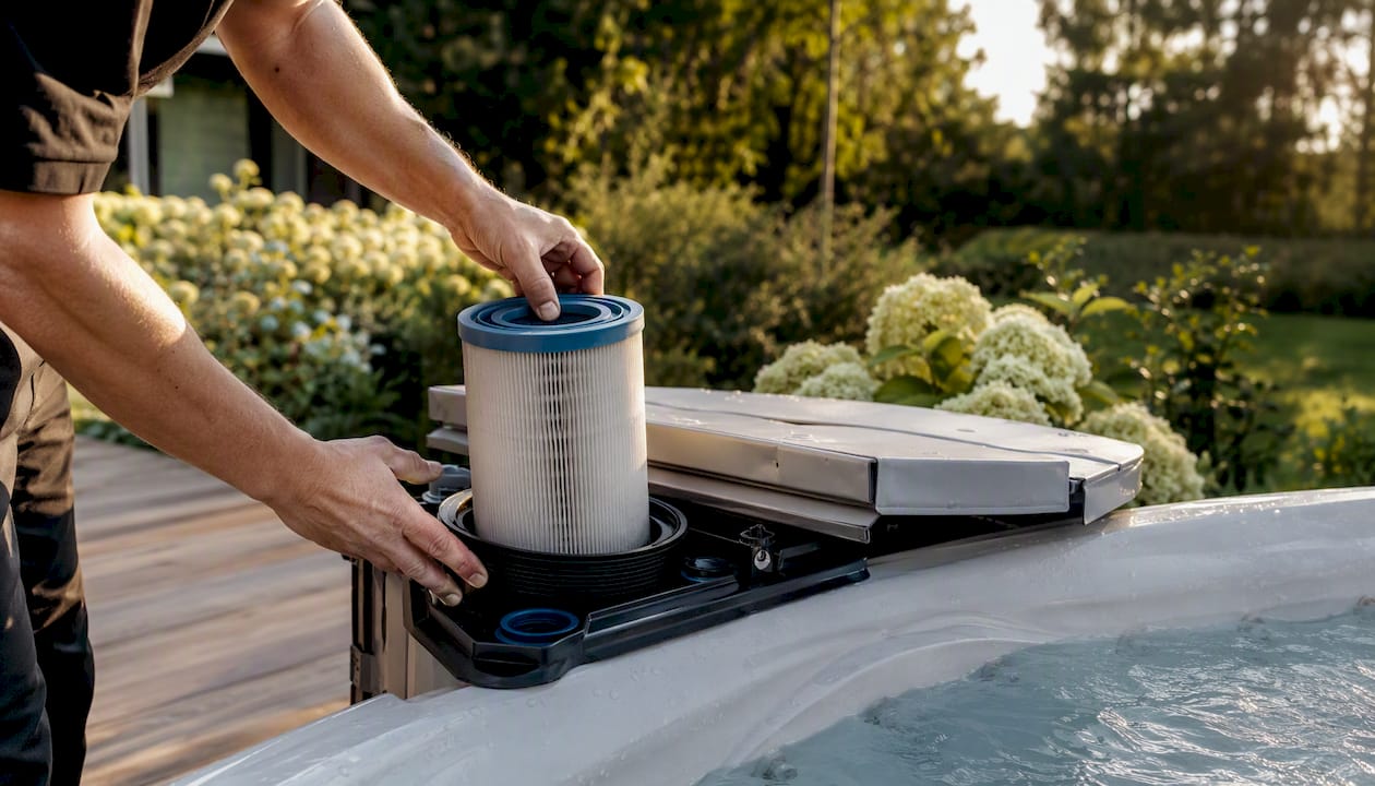 Hands replacing spa filtration cartridge