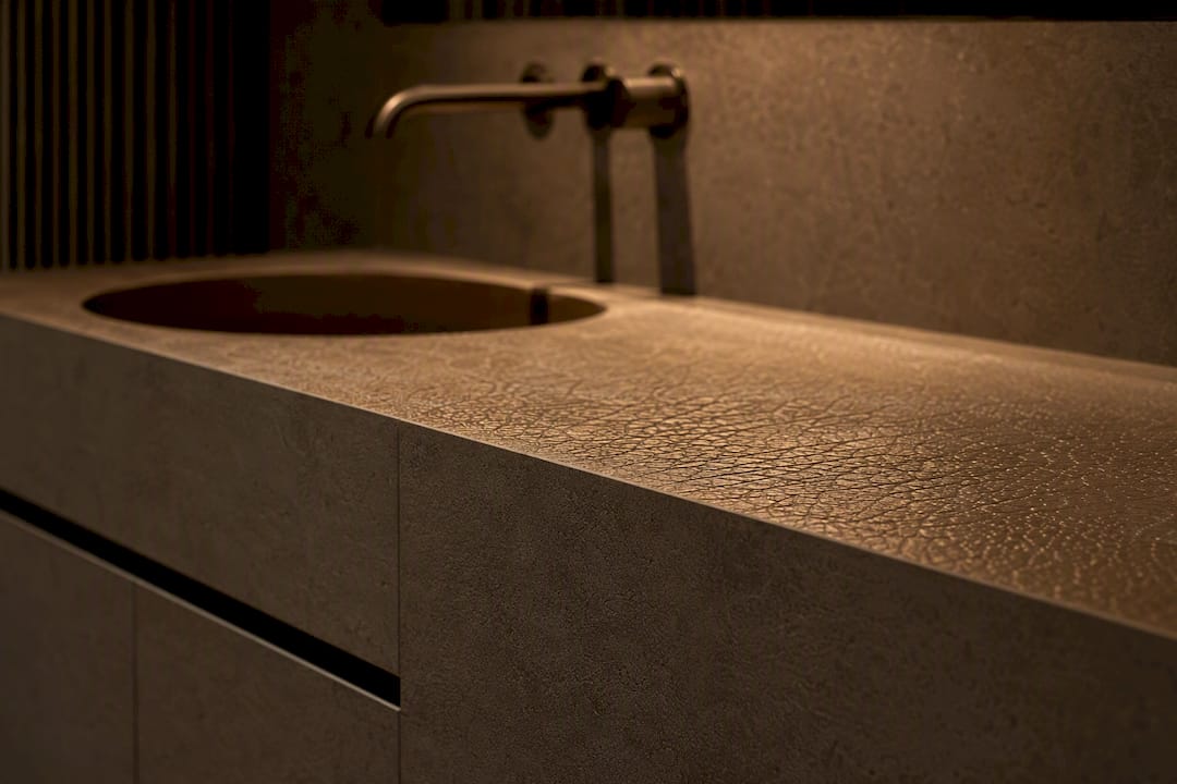 Close-up engineered wood vanity sealant detail