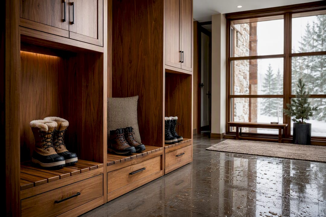 Boot room with moisture-resistant cabinetry