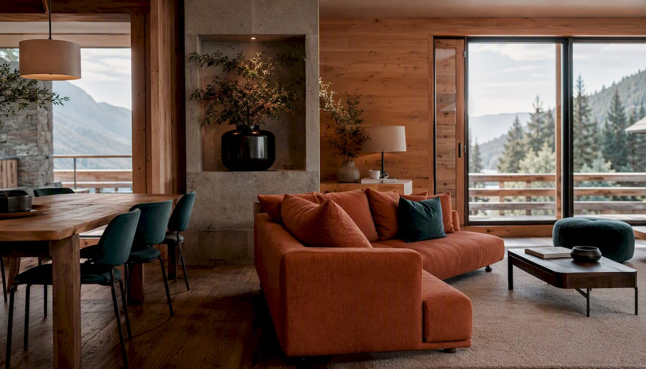 Open plan chalet interior flooded with daylight
