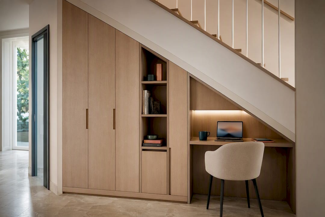 Bespoke storage fitted beneath a staircase