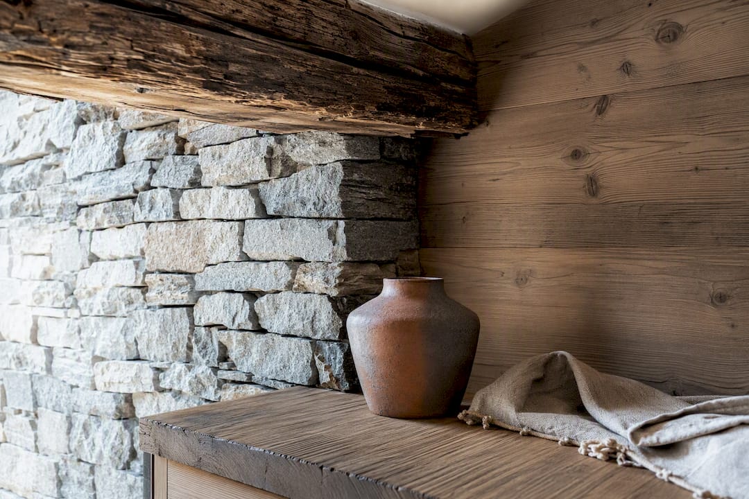 Regional stone and reclaimed timber chalet interior