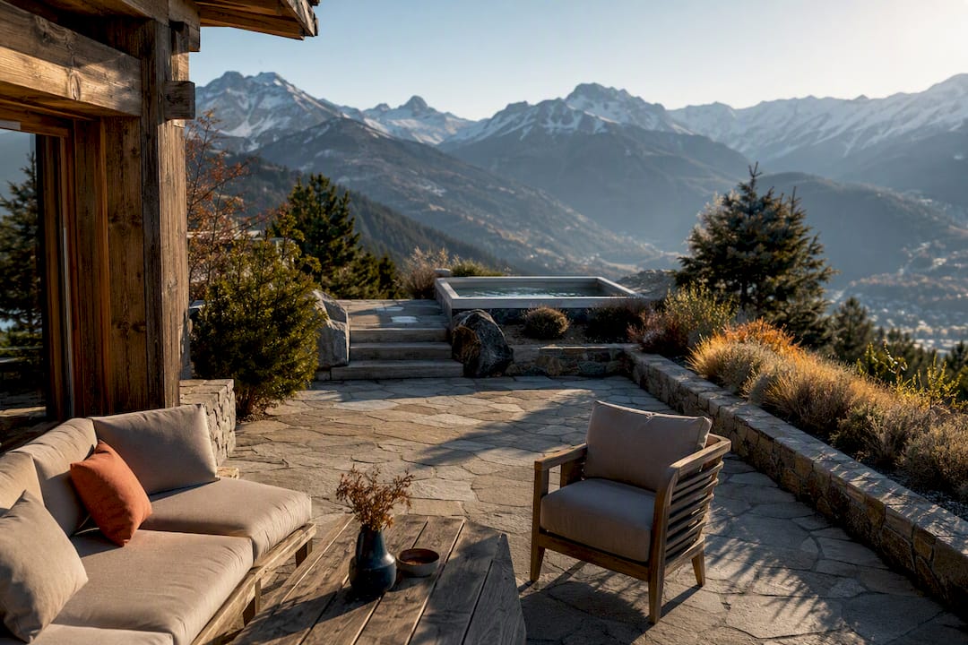 Verbier chalet terrace with hot tub mountain view