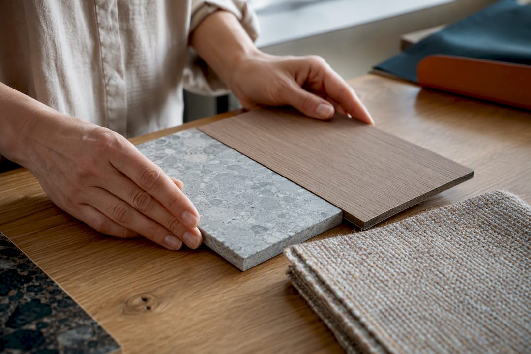 Designer comparing stone timber and upholstery samples
