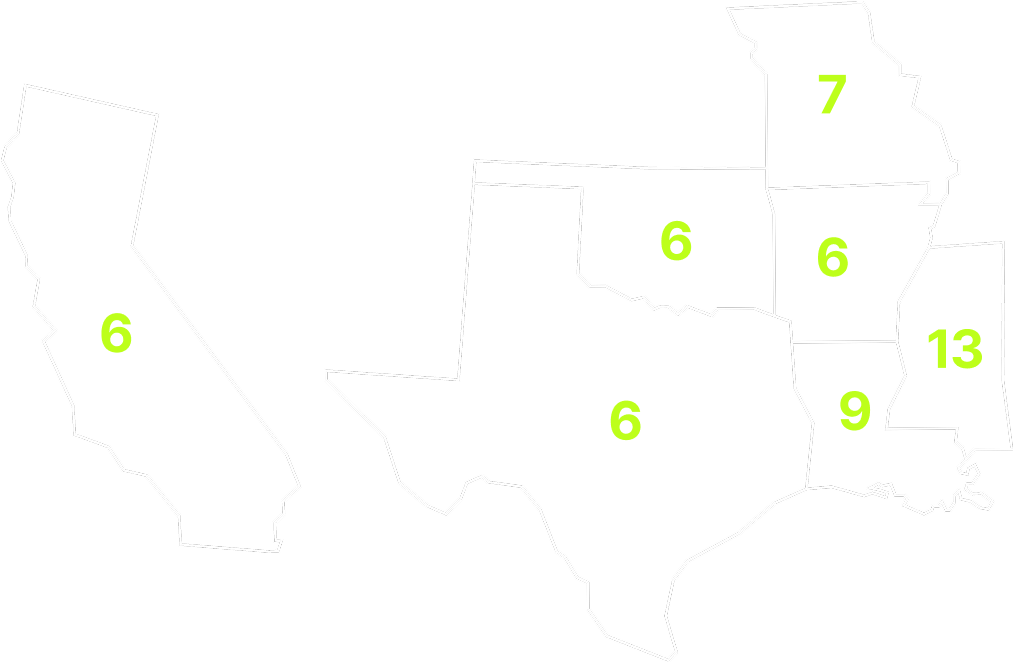 Mississippi, Louisiana, Arkansas, California, Missouri, Alabama