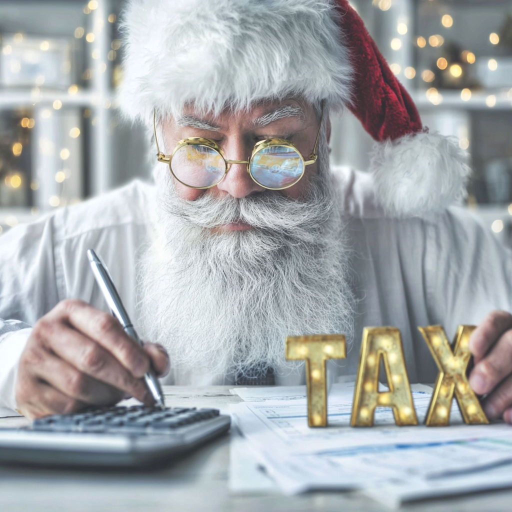 Santa Claus calculating taxes with calculator and golden TAX letters for Canadian business year-end accounting 2025