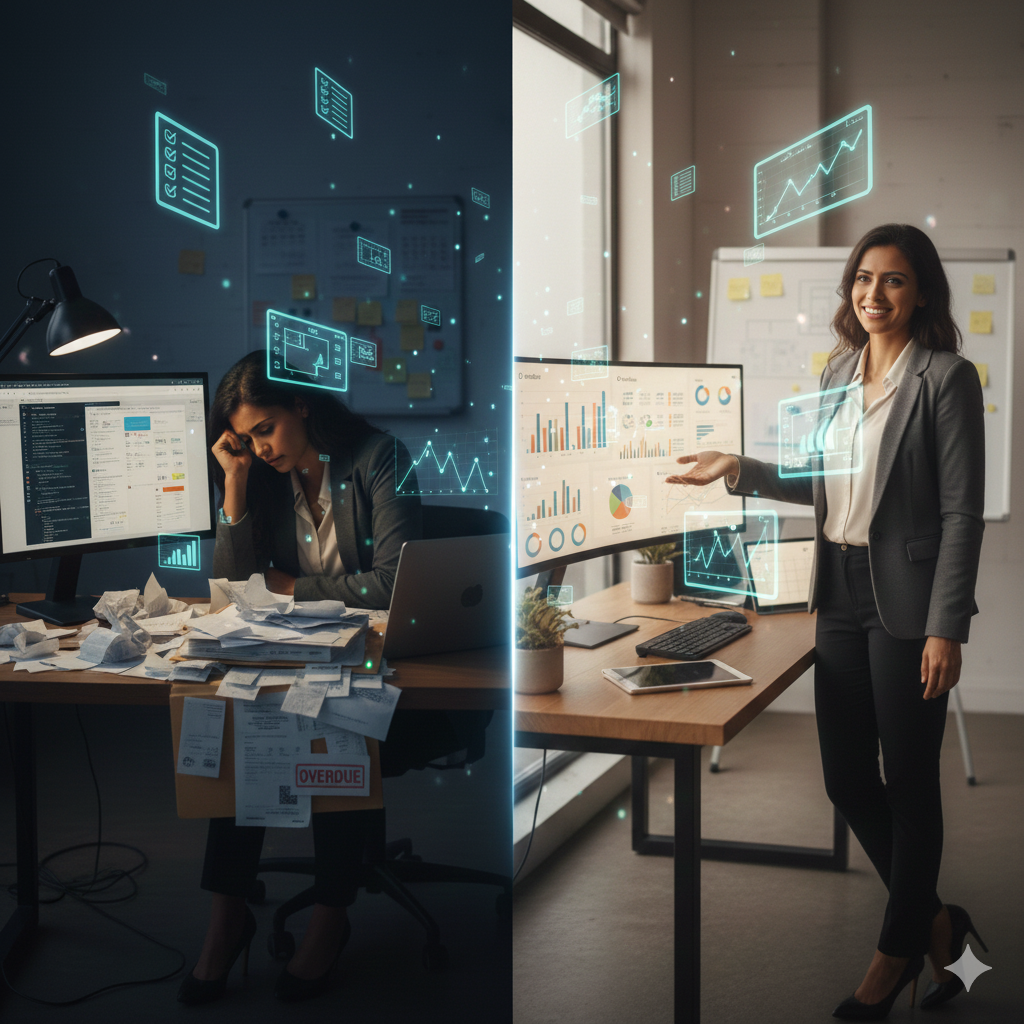 Stressed business owner facing overdue CRA notices and messy books, transitioning into confidence and control through clean bookkeeping and financial systems