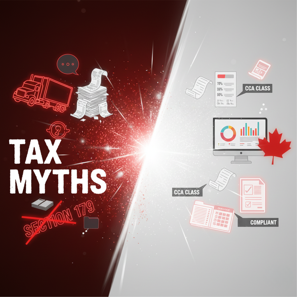 Floating tax myth icons bursting into real Canadian tax elements such as CCA class labels, organized receipts, and CRA-compliant documentation, presented in a modern red-and-white Canadian theme