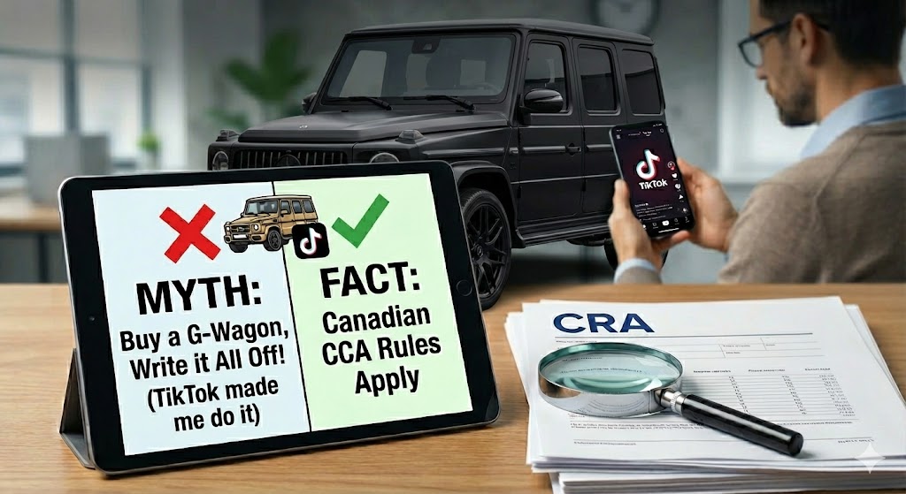 Floating tax myth icons bursting into real Canadian tax elements such as CCA class labels, organized receipts, and CRA-compliant documentation, presented in a modern red-and-white Canadian theme