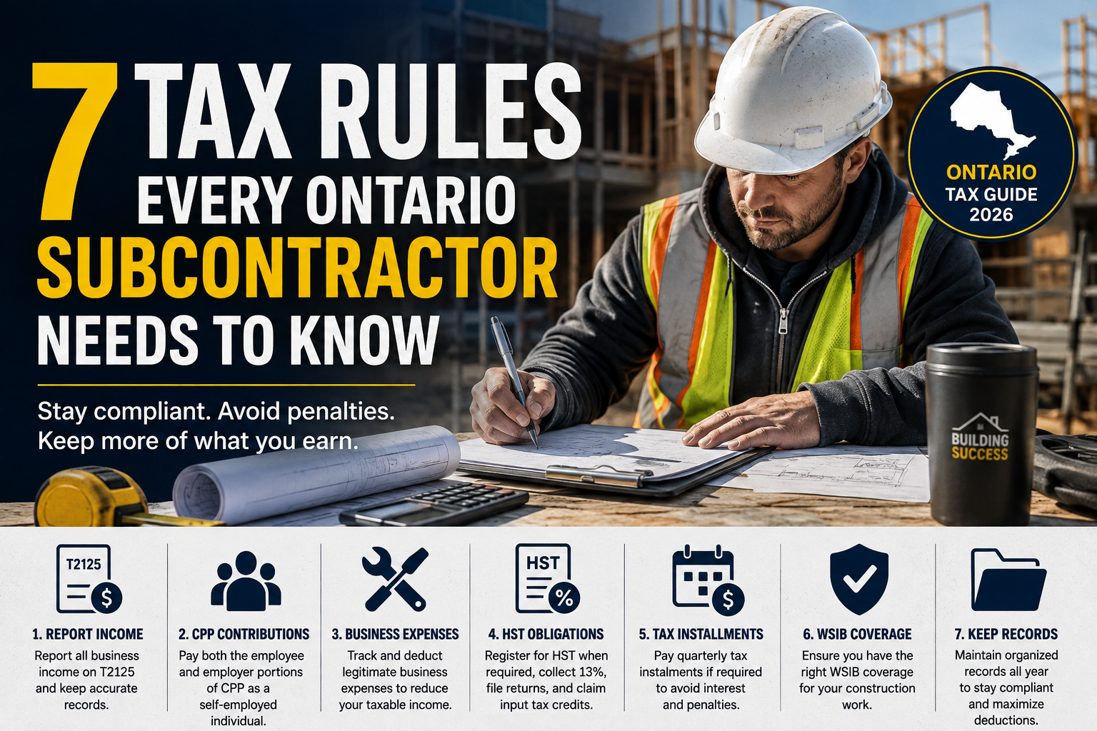 7 Tax Rules Every Ontario Subcontractor Needs to Know HST • CPP • WSIB • CRA Reporting • Tax Instalments