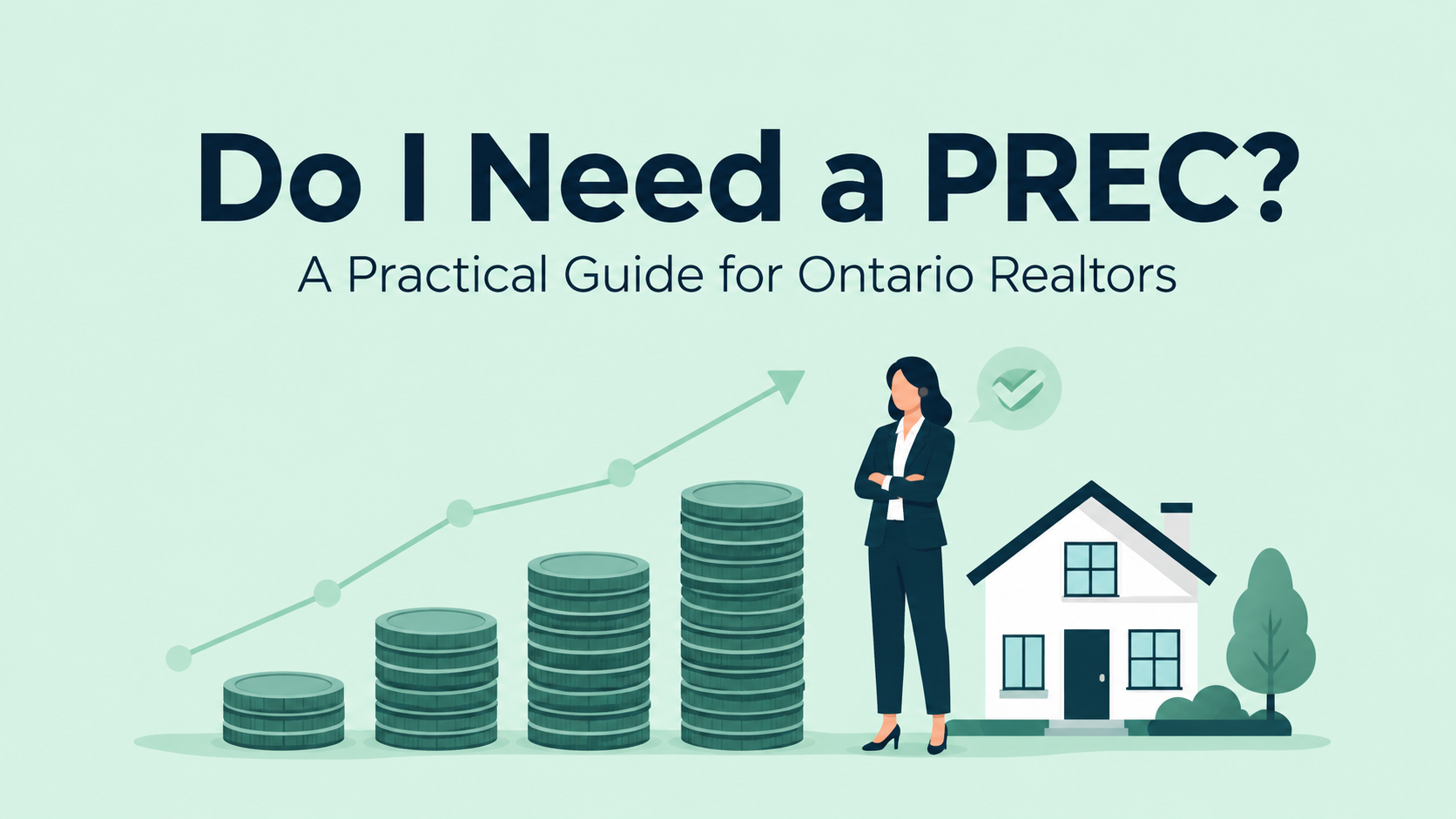 Illustration for a blog on Ontario real estate incorporation showing rising stacks of coins, an upward trend line, a professional realtor beside a house, and the headline “Do I Need a PREC? A Practical Guide for Ontario Realtors.