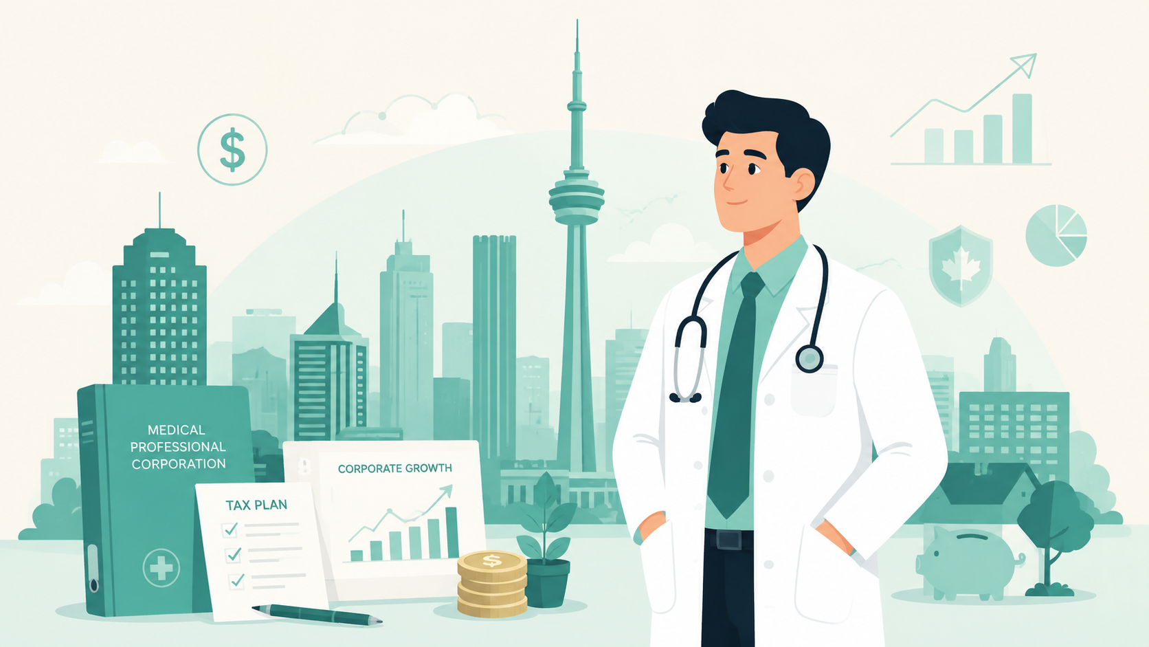 Ontario physician with a medical professional corporation, tax planning documents, investment growth charts and the Toronto skyline.