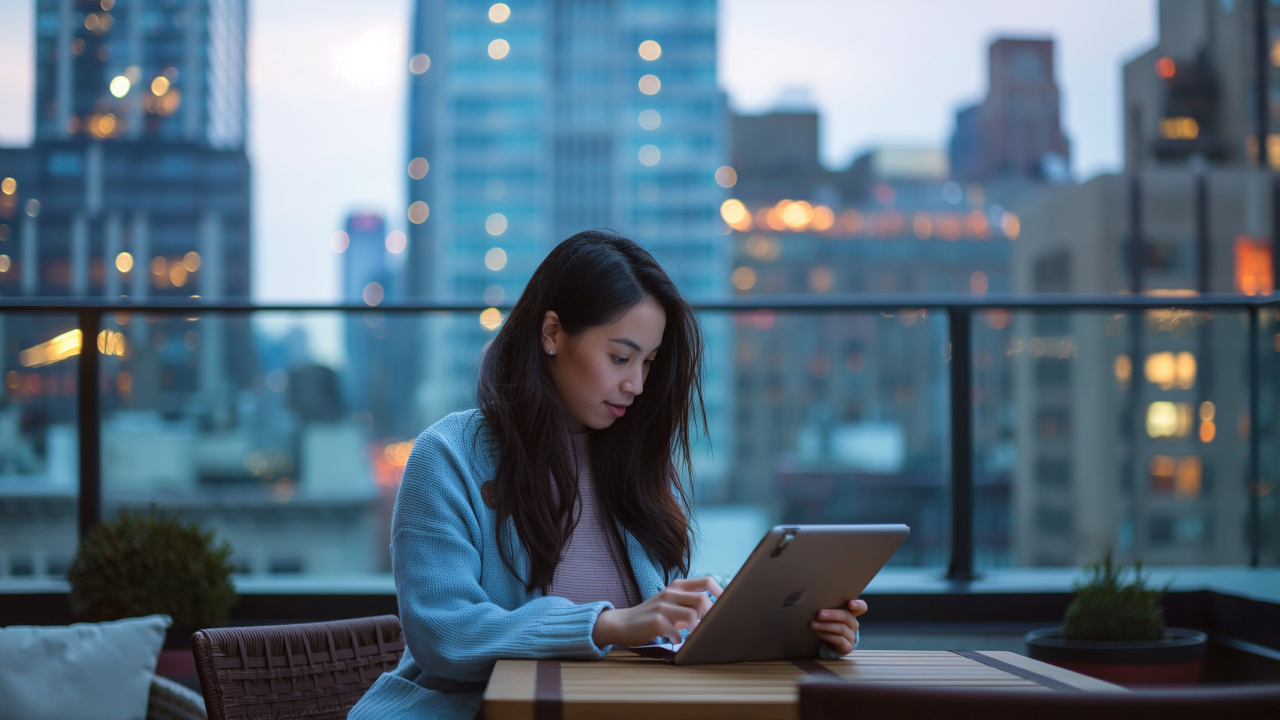 A woman with dark hair sitting on a city rooftop reading something on a tablet