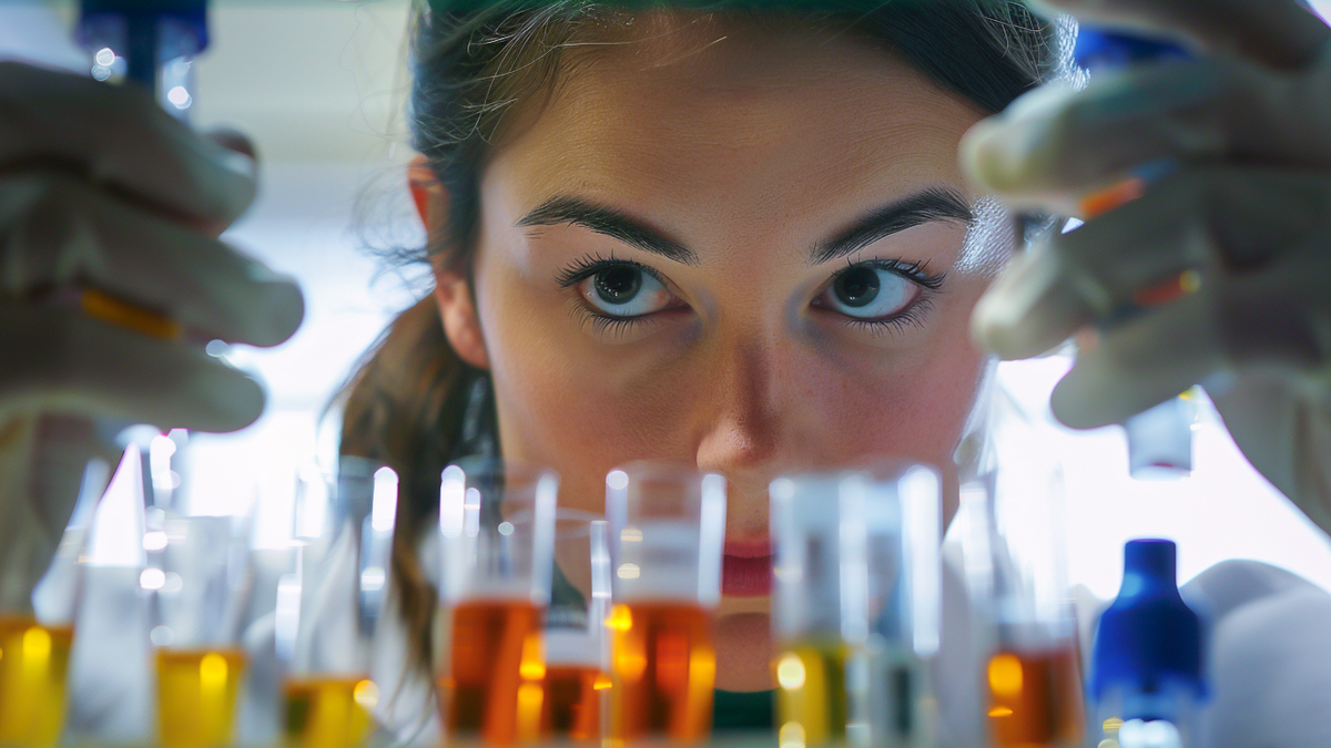 Researcher in a lab evaluating content of pipettes