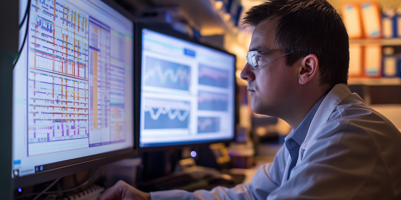 A healthcare data analyst is working at his computer on a shared dataset.