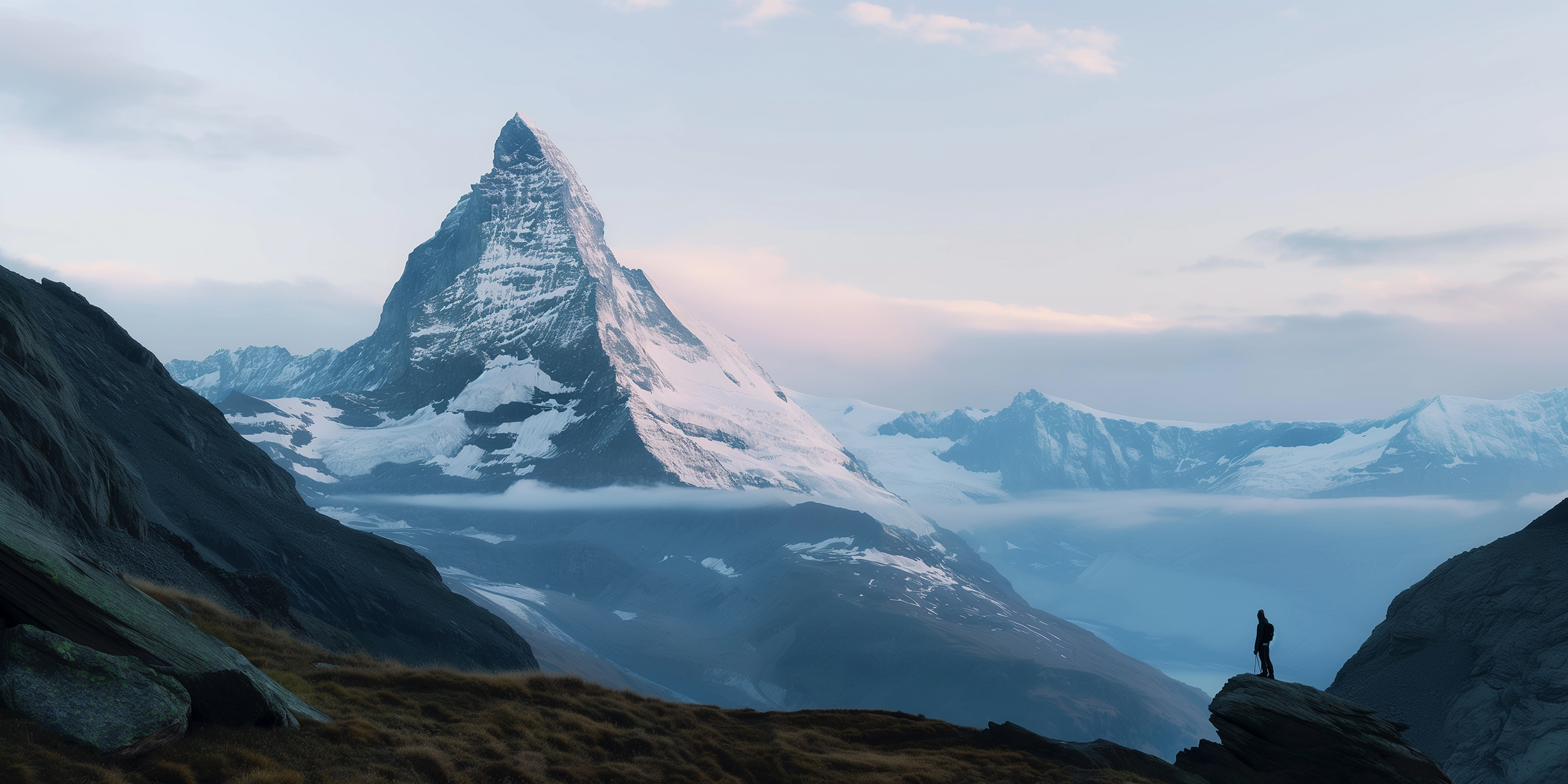 Mountain in mist with hiker onlooker in the foreground