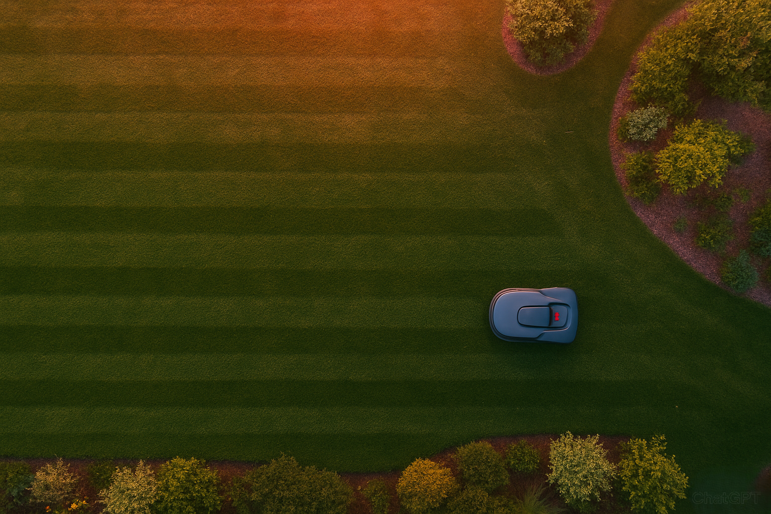 Robotic lawnmower cutting grass during the golden hour