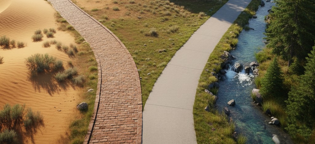 Brick and concrete paths diverging to represent the comparison between Databricks and Decentriq
