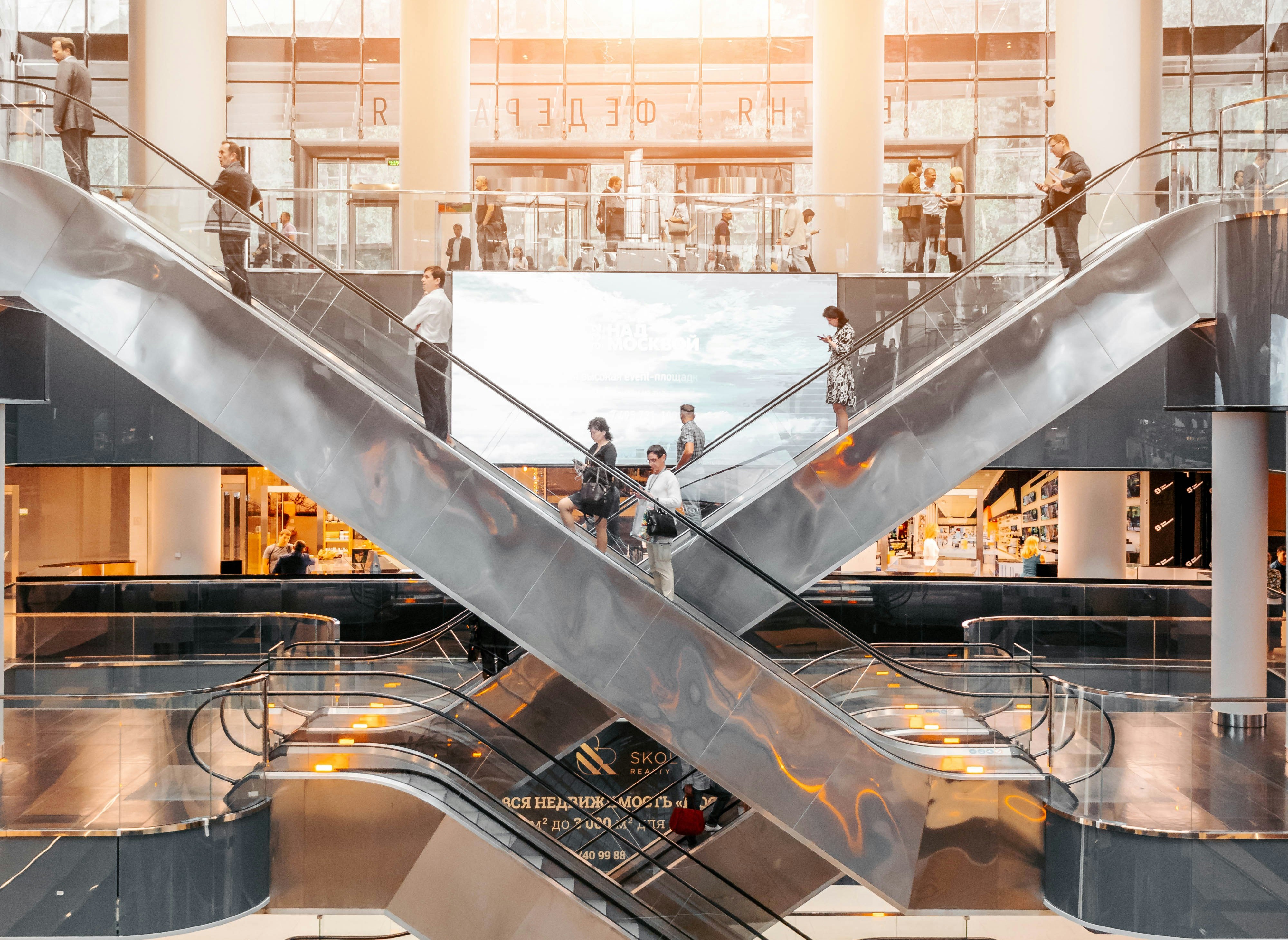Crossing escalators in a shopping mall