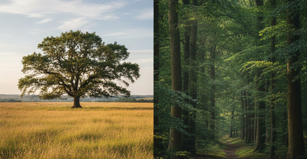 A singular tree in a field representing Permutive next to a dense forest of trees representing Decentriq's network