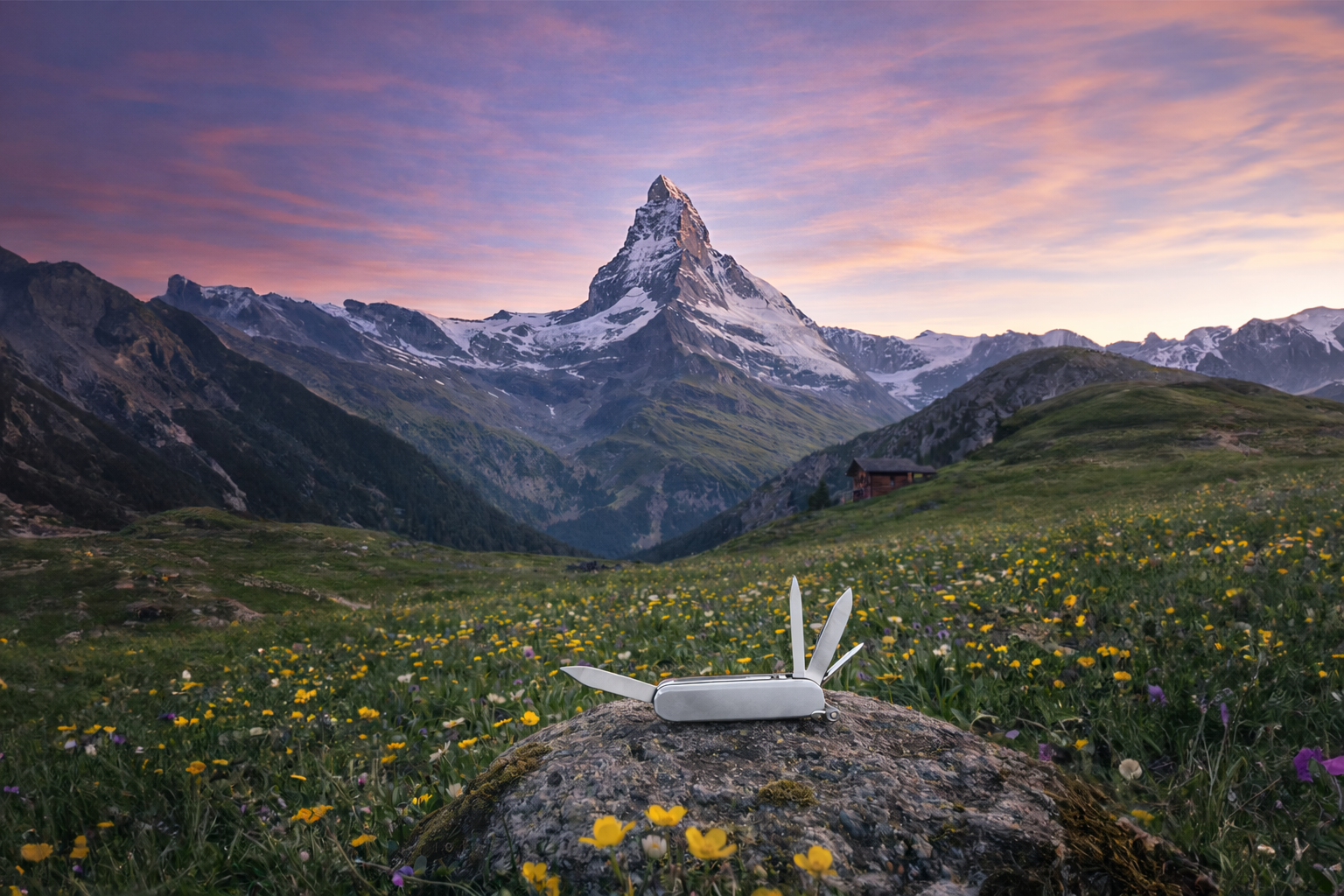 Army knife in front of Swiss mountain landscape at sunset