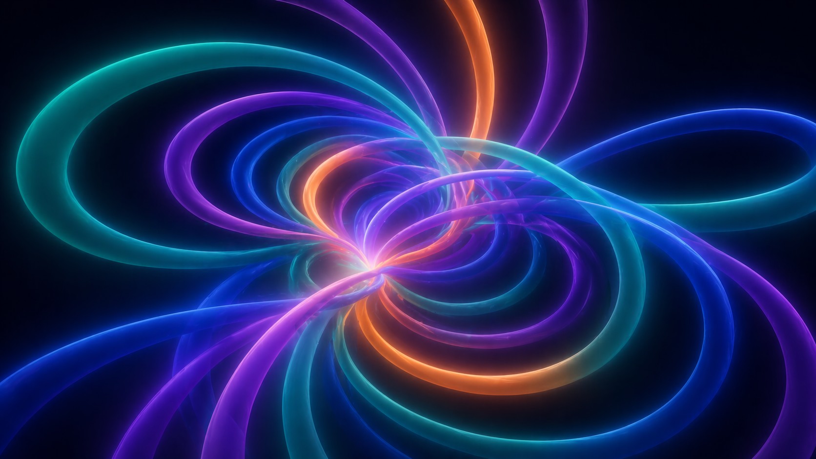 Intersecting loops of teal, blue, purple, and orange around a central knot on a black background