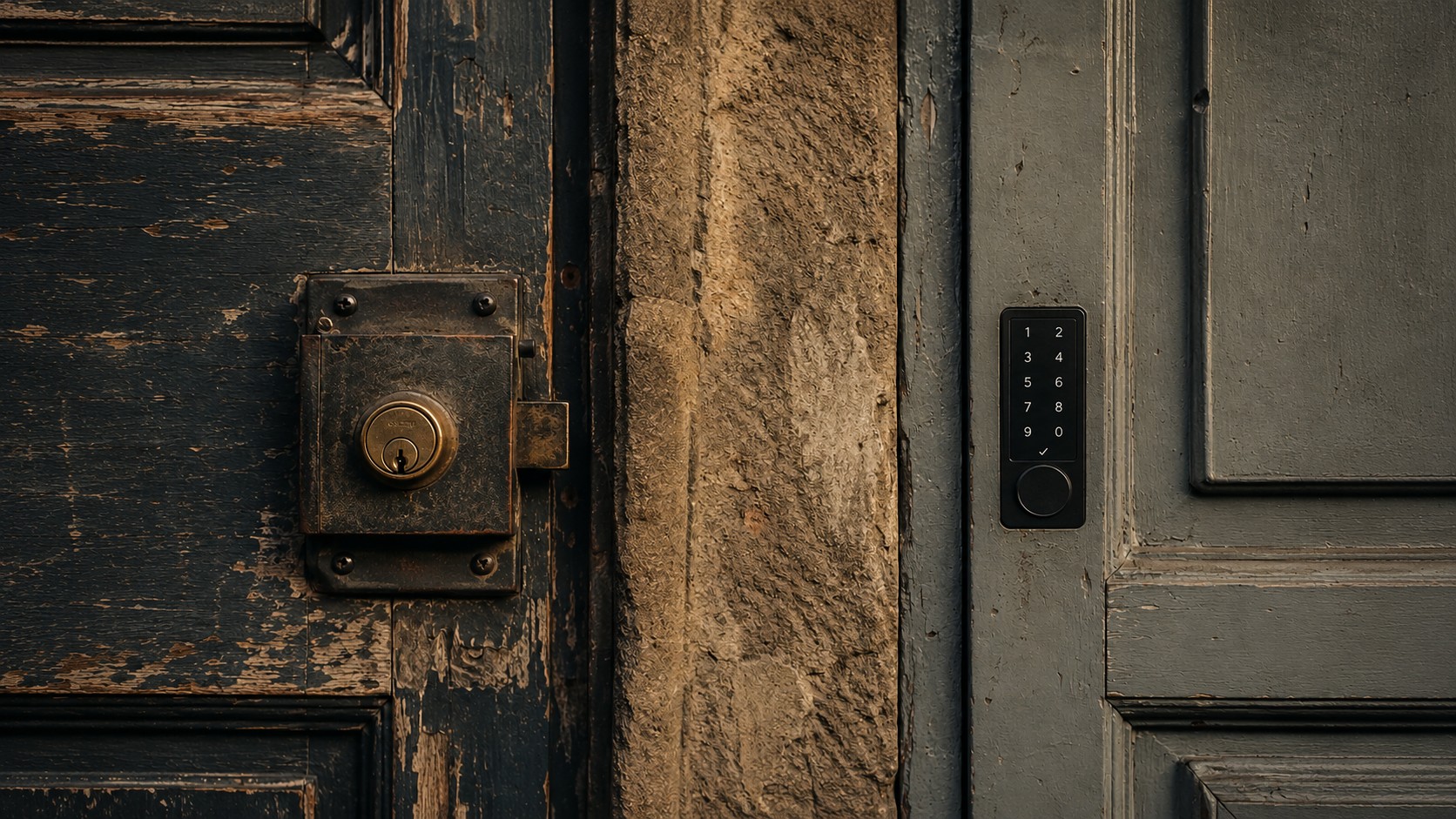 Weathered door with brass deadbolt beside modern keypad-secured door on a European street.
