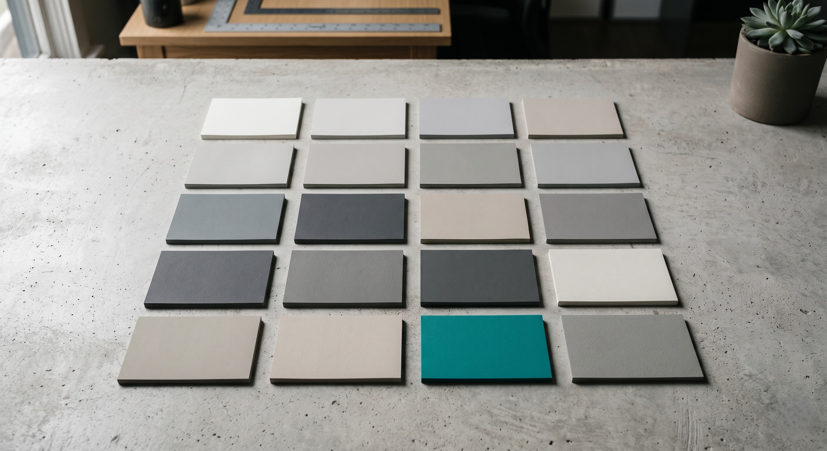 A 4x5 grid of twenty minimalist architectural color sample cards rests on a textured concrete surface. The cards primarily feature varying shades of gray. One card in the bottom row, second from the right, is a striking, saturated teal color. In the blurred background, there's a wooden surface with objects and a small potted succulent.
