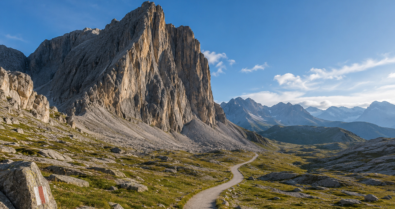 Wide-angle photograph of a rugged Swiss mountain landscape, featuring a massive stone rock face in the foreground and a clear path winding through the valley below.