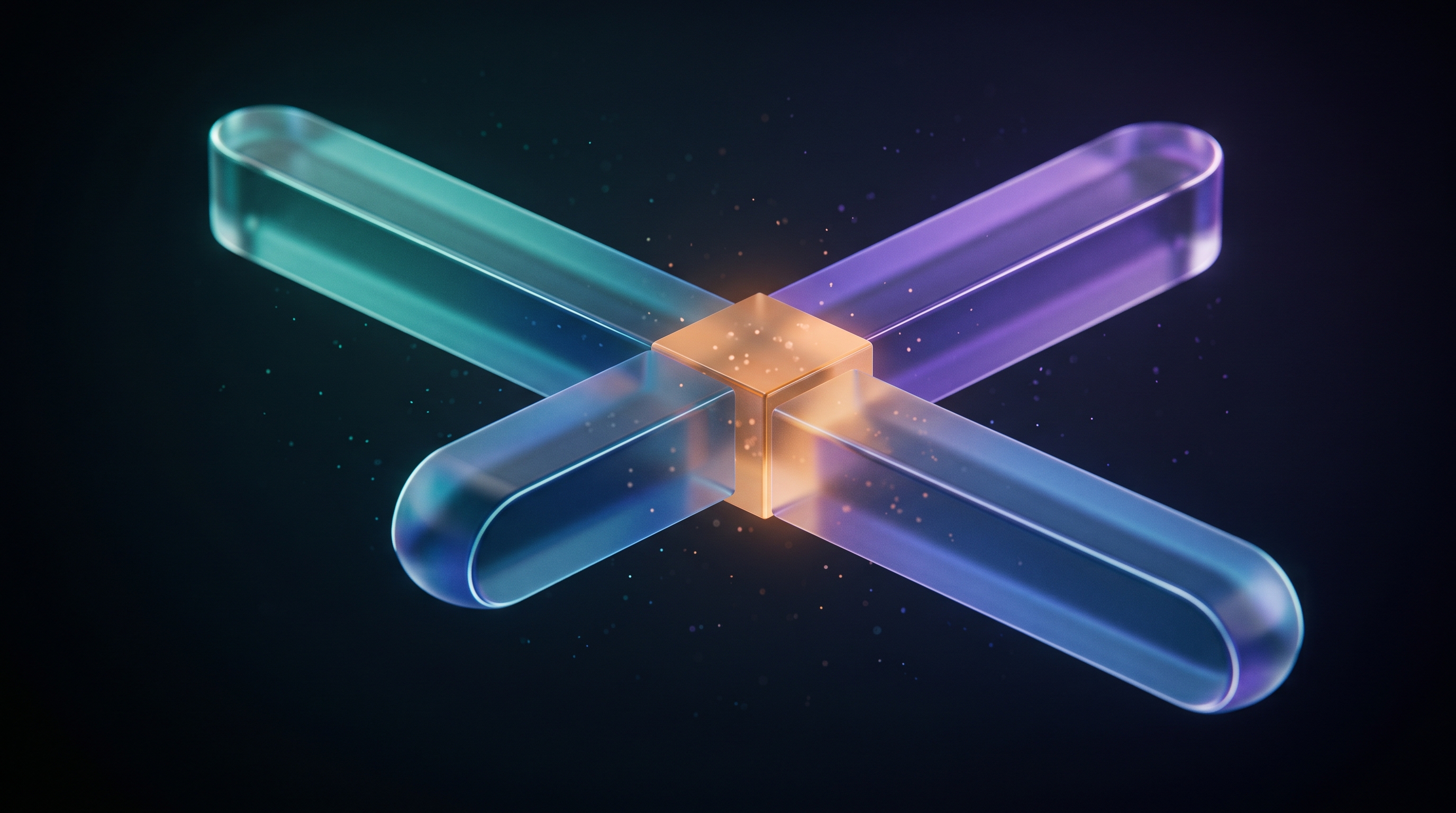 Two translucent glass bars, one teal and one purple, cross in an X with a glowing orange block where they overlap, against a dark background.