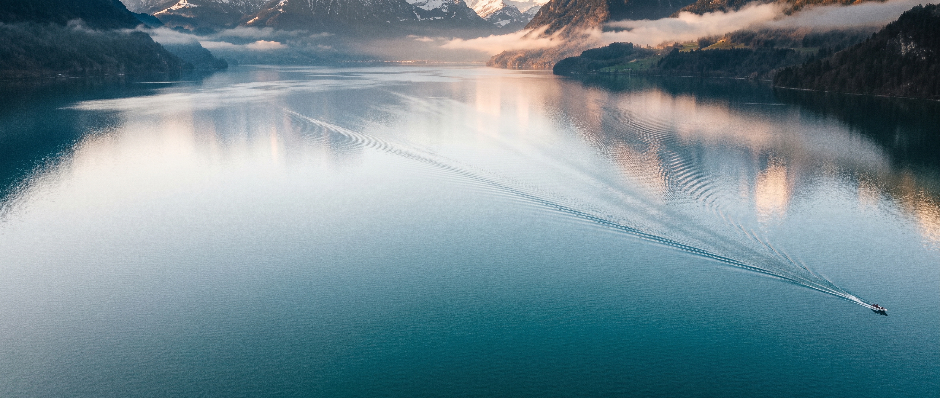 An ultra-wide aerial view of a calm, teal Swiss lake at dawn, with rugged mountains as a thin strip at the top. From a tiny speck of a boat in the lower right, a long, single V-shaped wake stretches diagonally toward the center, while the left half of the glassy water remains completely undisturbed under soft morning light.