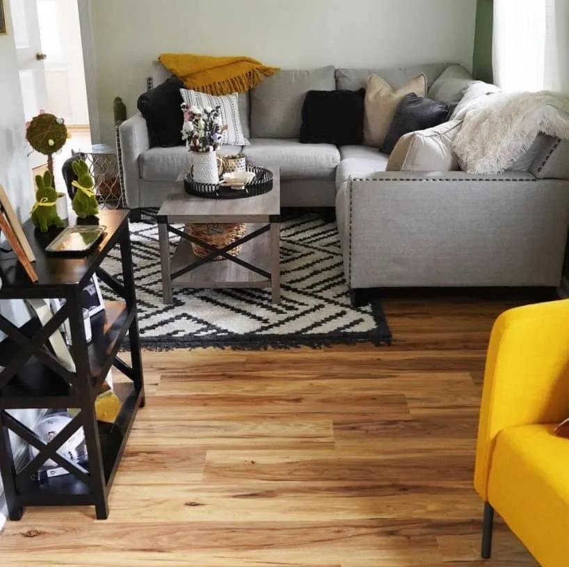 a living room with a couch and a coffee table