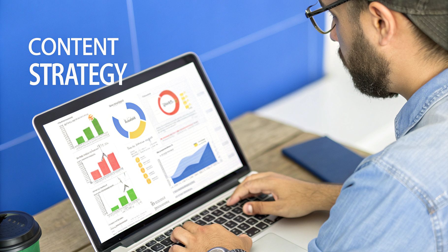 A digital marketer analyzing data on a laptop screen, surrounded by icons representing different marketing channels.