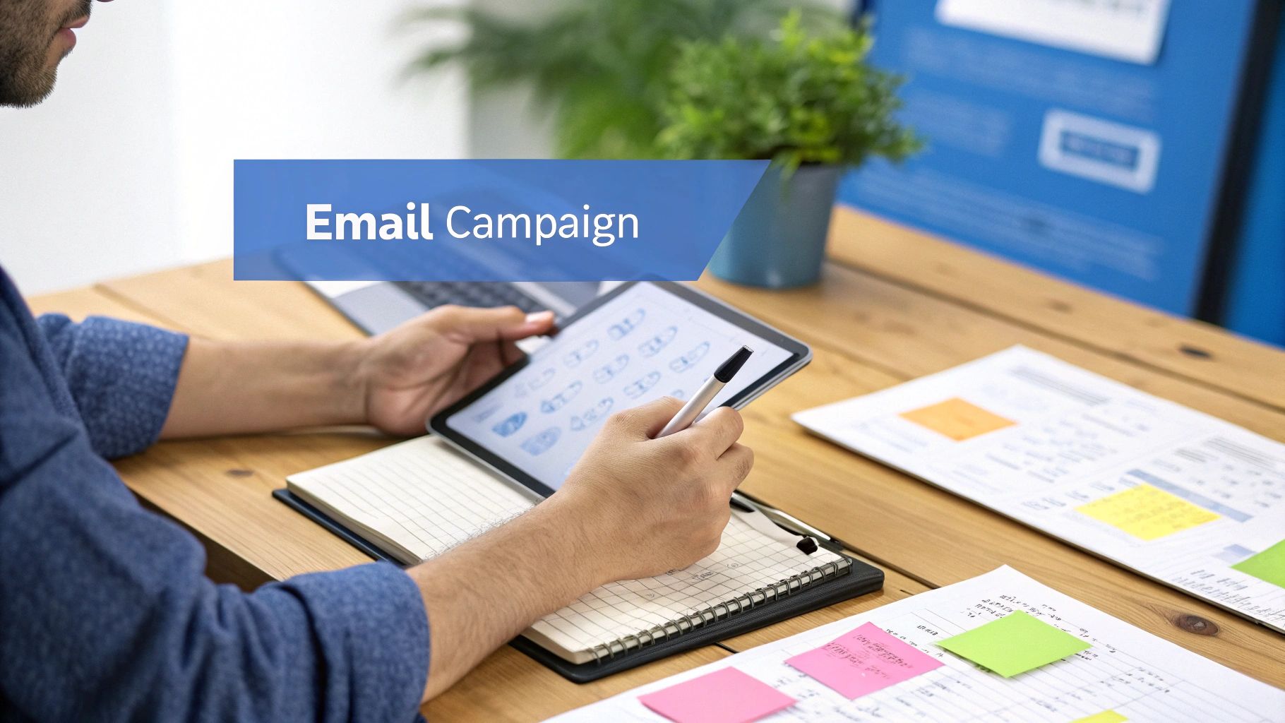 A person using a calculator with charts and graphs in the background, symbolizing financial planning for marketing.