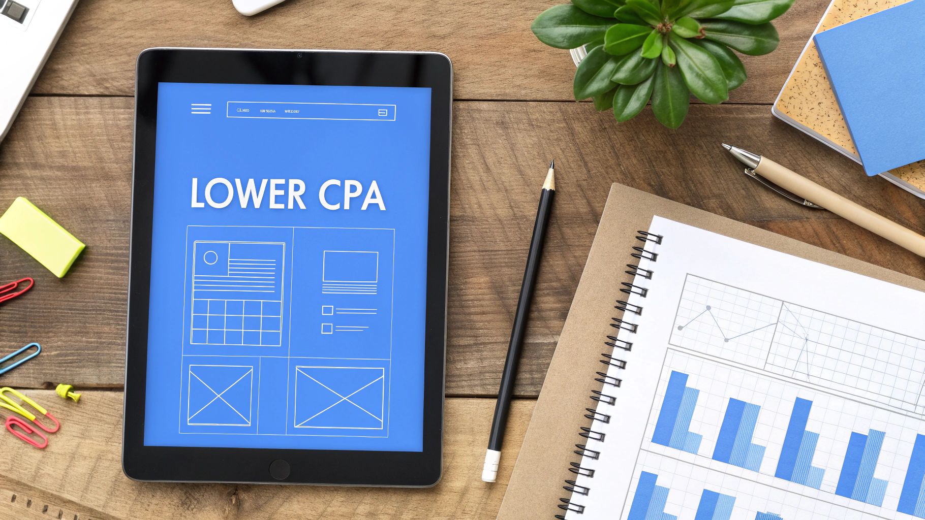 A person using a laptop with a rising arrow chart, indicating growth and cost reduction.