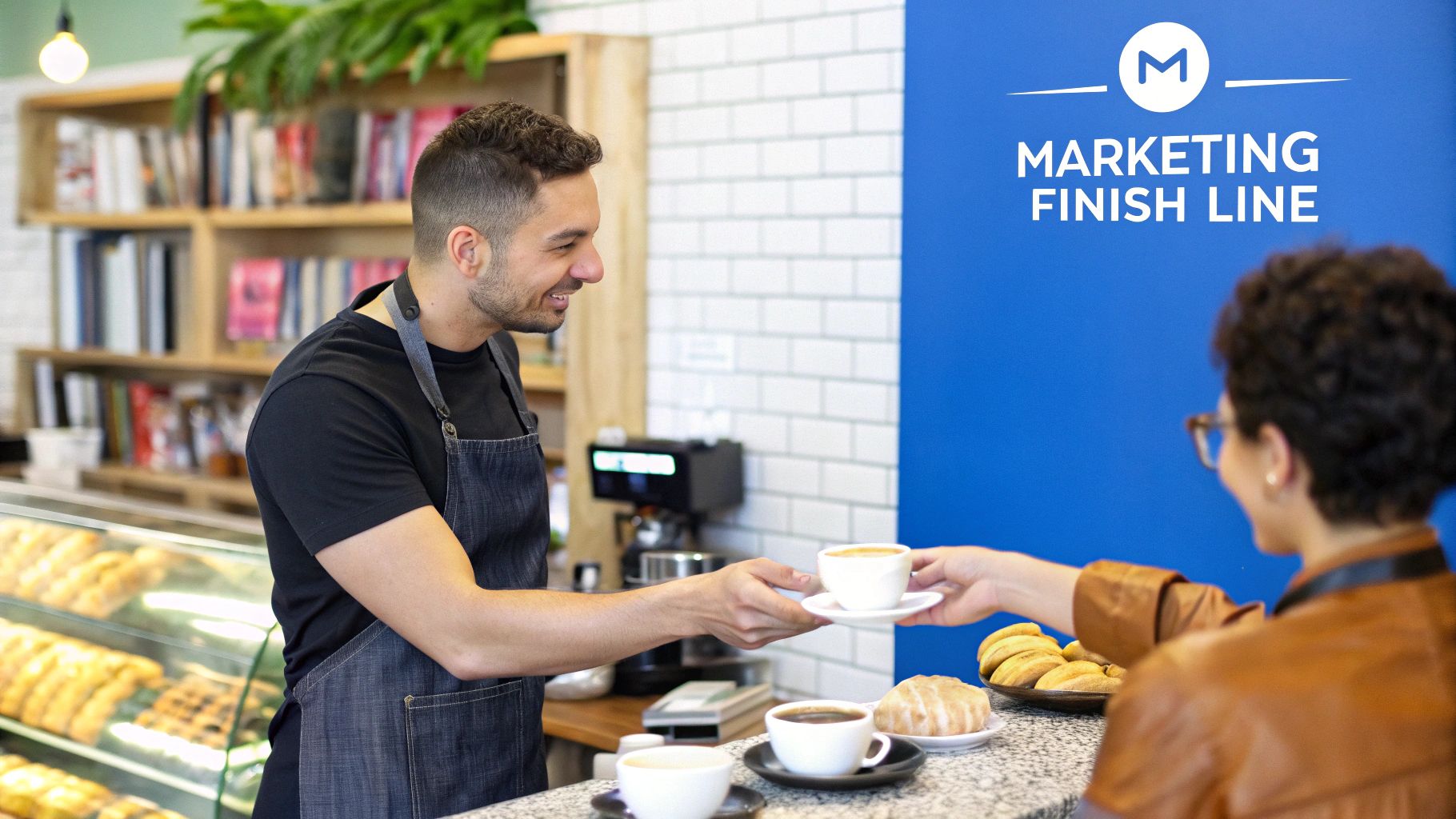 A person crossing a finish line made of marketing icons, symbolizing a successful conversion.
