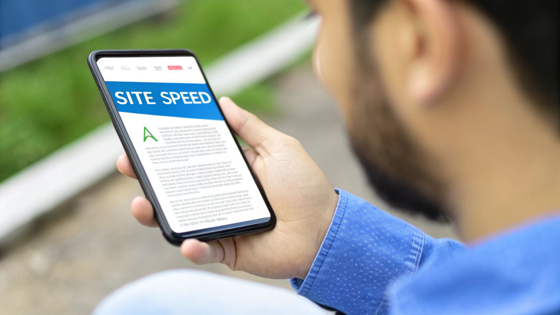 A person looking at a fast-loading website on their phone with a smile, indicating a positive user experience.
