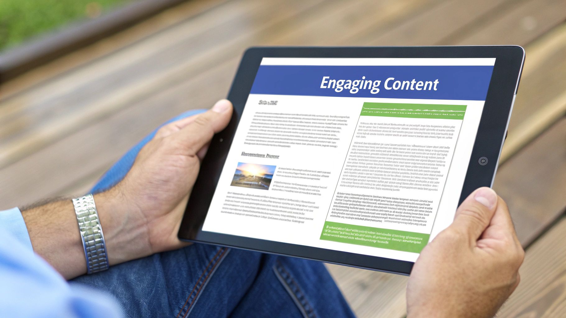 A person writing engaging content on a laptop, surrounded by creative ideas visualized as lightbulbs.